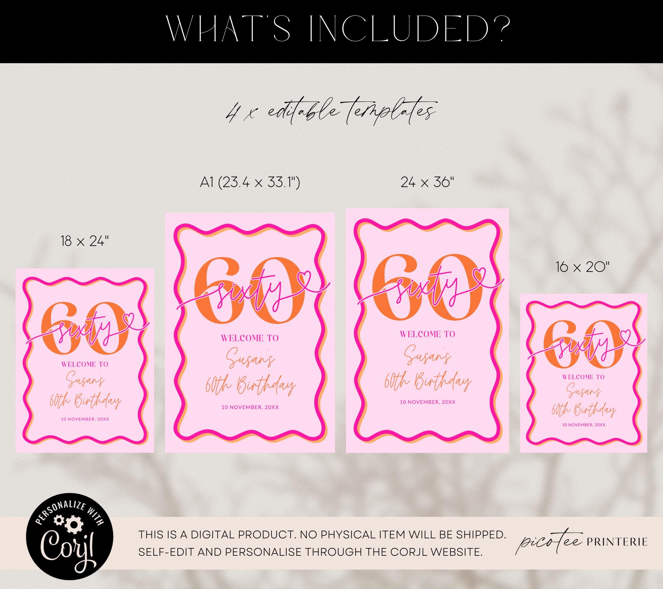 Wavy Border Welcome Sign 60th Birthday for Her, Pink Orange 60th ...