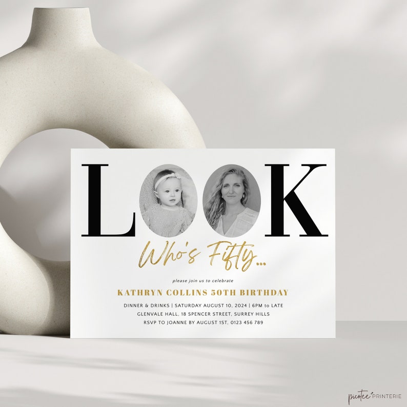 50th Invitation Template With Photo Women, Pink Look Who's 50 Birthday(01)