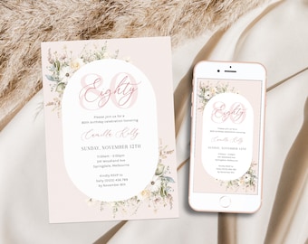 Puede incluir: Una invitación de cumpleaños número 80 con temática floral rosa y blanca con el texto "Eighty" en un círculo rosa. La invitación incluye la fecha, la hora, la ubicación y la información de RSVP.