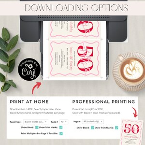 Pu&ograve; includere: Un download digitale per un invito di compleanno per il 50&deg; anniversario. L'invito &egrave; rosa e rosso con un carattere corsivo che dice "Laurens 50th Birthday". L'invito &egrave; disponibile per la stampa a casa o per la stampa professionale. L'utente pu&ograve; scegliere di mostrare i segni di spurgo e di ritaglio e di stampare pi&ugrave; pagine per pagina.