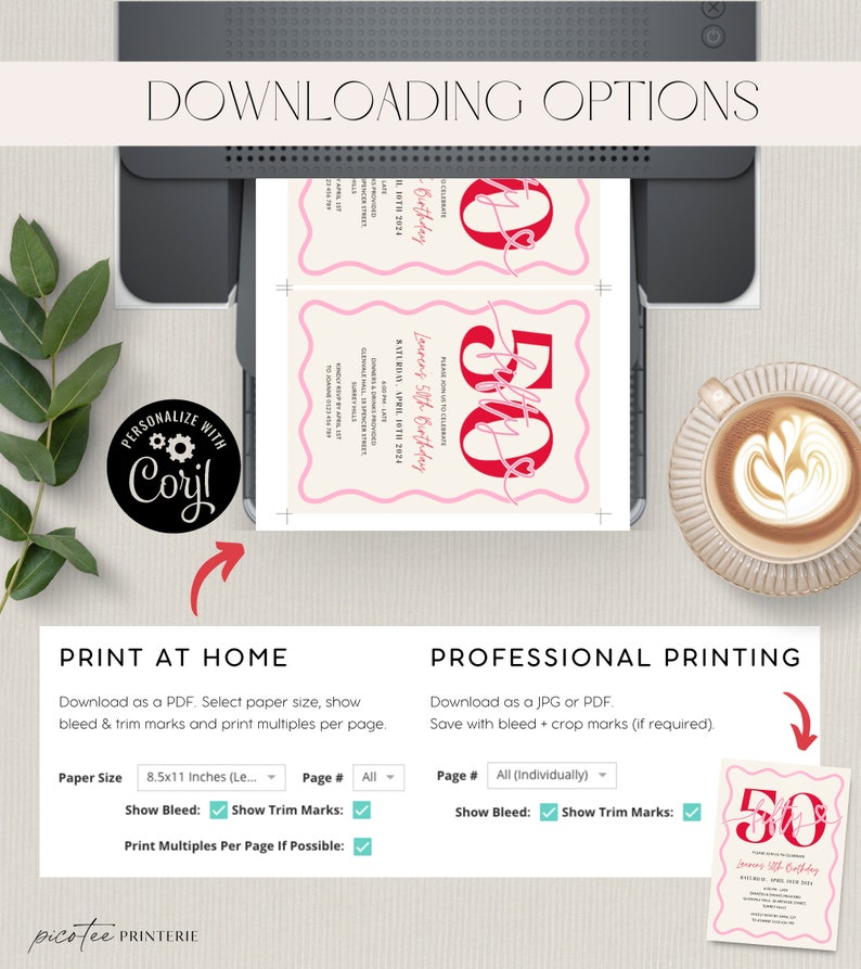 Pu&ograve; includere: Un download digitale per un invito di compleanno per il 50&deg; anniversario. L'invito &egrave; rosa e rosso con un carattere corsivo che dice "Laurens 50th Birthday". L'invito &egrave; disponibile per la stampa a casa o per la stampa professionale. L'utente pu&ograve; scegliere di mostrare i segni di spurgo e di ritaglio e di stampare pi&ugrave; pagine per pagina.
