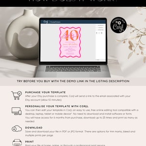 May include: A laptop displays a 40th birthday invitation template with a pink and orange color scheme. The text "HOW DOES IT WORK?" is at the top. Instructions for purchasing, personalizing, downloading, and printing the template are also shown.