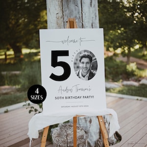 Modern 50th Birthday Welcome Sign with Photo, Men&#39;s Birthday Party Welcome Poster, Editable Welcome Board for Him, Fifty Decor, Corjl PP39