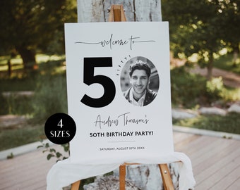 Modern 50th Birthday Welcome Sign with Photo, Men's Birthday Party Welcome Poster, Editable Welcome Board for Him, Fifty Decor, Corjl PP39