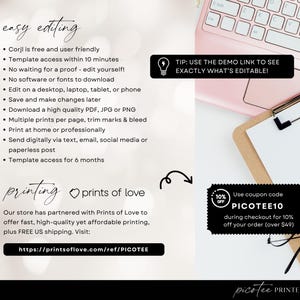 May include: A promotional image with text about easy editing and printing services. The text includes details about Corjl, template access, and printing options. A coupon code for 10% off is also displayed. A pink laptop and clipboard are in the background.
