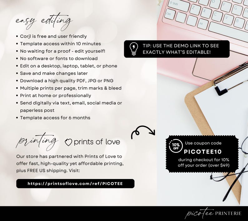 May include: A promotional image with text about easy editing and printing services. The text includes details about Corjl, template access, and printing options. A coupon code for 10% off is also displayed. A pink laptop and clipboard are in the background.