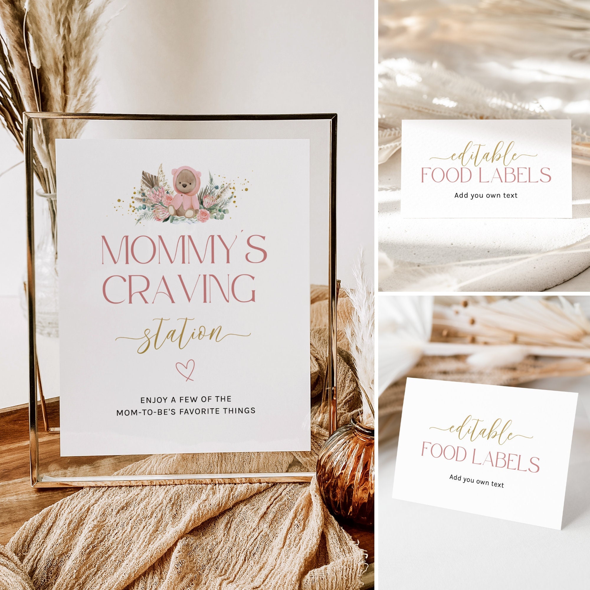 Mommy’s Craving Station Sign, Boho Baby Shower Food, Pink Teddy Bear ...