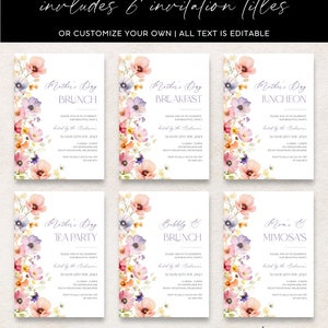May include: Six printable Mother's Day invitation templates featuring watercolor floral designs in shades of pink, purple, and yellow. Each template includes a different title: Mother's Day Brunch, Mother's Day Breakfast, Mother's Day Luncheon, Mother's Day Tea Party, Bubbly & Brunch, and Mom & Mimosa's. The text on each template is editable.