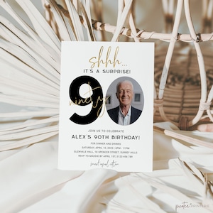 Surprise Birthday Invitation Adult, Minimalist 90th Birthday Invitation with Photo, Mens Birthday Invite, Shhh, Instant Download, Corjl PP45