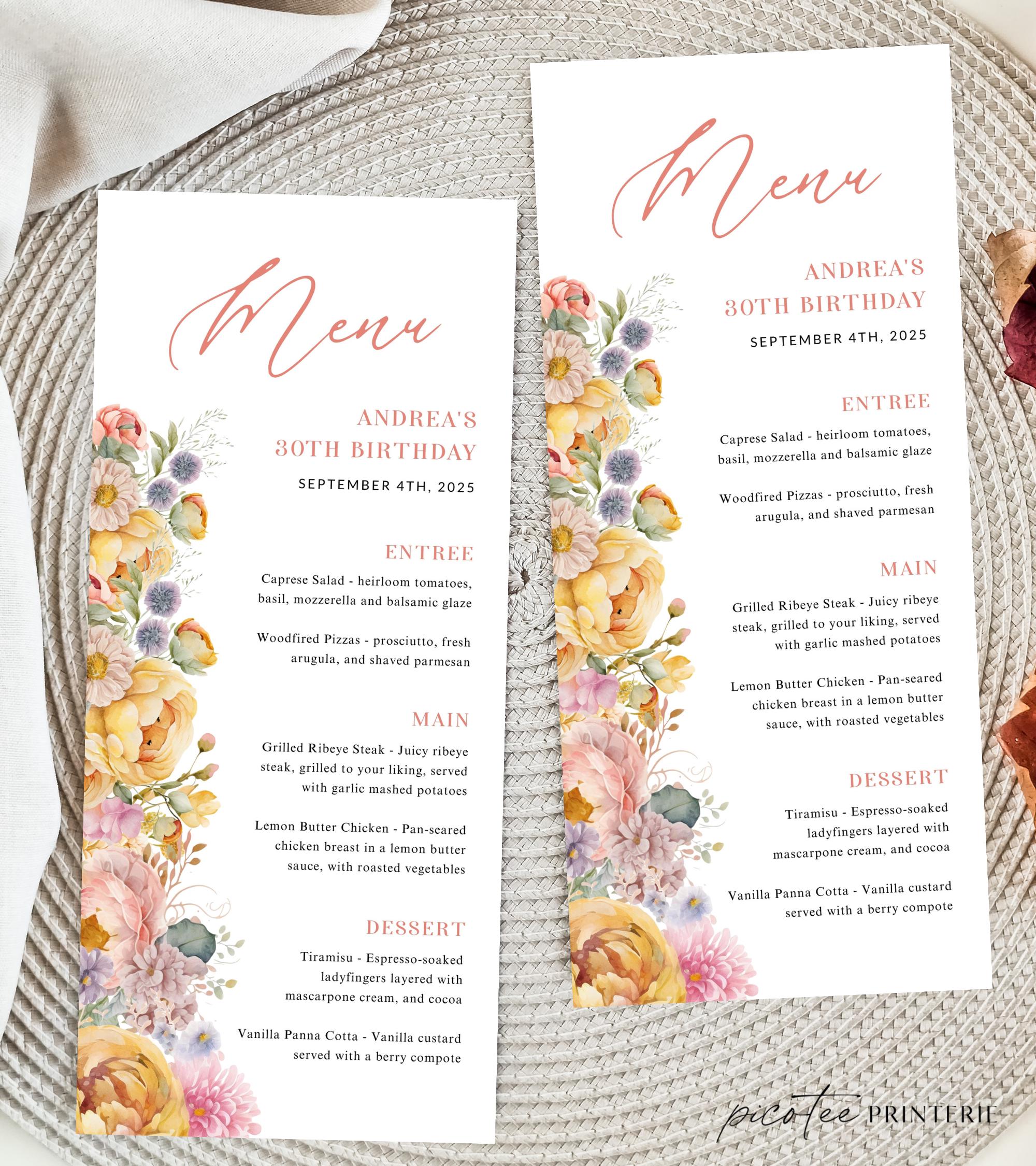 Yellow Floral Menu Card Printable Template, Modern Flowers Editable ...