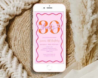 Digital Pink Wavy Border 30th Birthday Invitation Women, Scalloped 30th Party Phone Invite for Her, Editable Thirty Party Orange, Corjl PP84