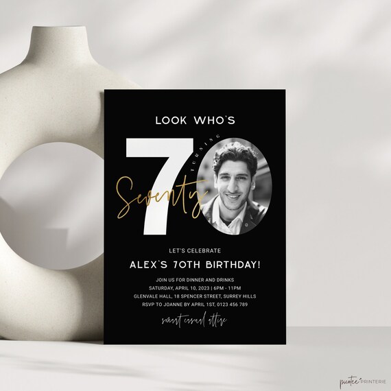 70th Birthday Party Invitation With Photo, Minimalist Men Black