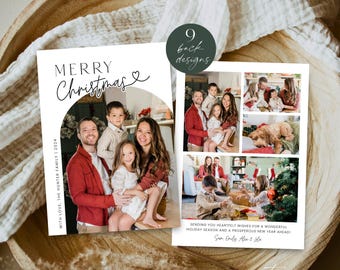 Arch Photo Merry Christmas Card Template, Modern Christmas Family Photo Collage Customizable, Editable Holiday Card Printable, Corjl PP78