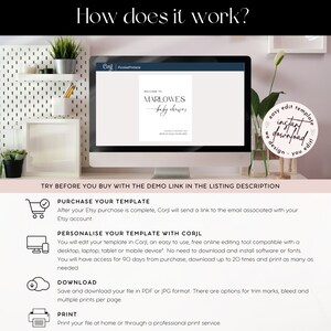 May include: A computer screen shows a baby shower invitation template with the words "Welcome to Marlowes baby shower." The image also includes instructions on how to purchase, personalise, download, and print the template.
