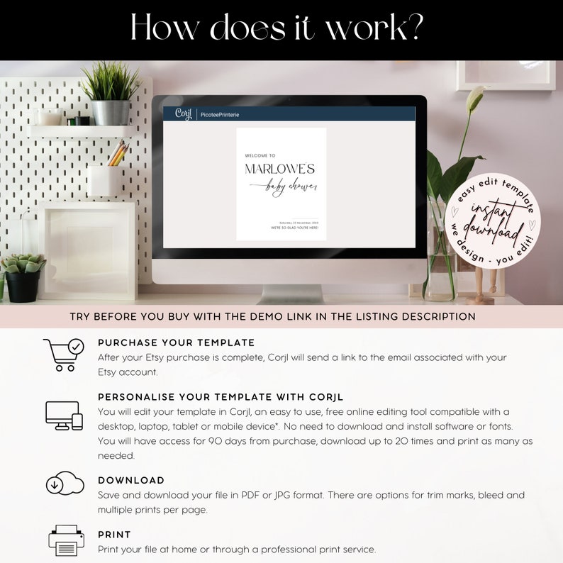 May include: A computer screen shows a baby shower invitation template with the words "Welcome to Marlowes baby shower." The image also includes instructions on how to purchase, personalise, download, and print the template.