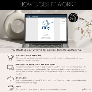 Puede incluir: Una pantalla de computadora port&aacute;til que muestra una plantilla de invitaci&oacute;n de cumplea&ntilde;os azul y blanca con el texto "hello fifty" y un mensaje personalizado. La imagen muestra c&oacute;mo usar la herramienta de edici&oacute;n en l&iacute;nea Corjl para personalizar la plantilla.