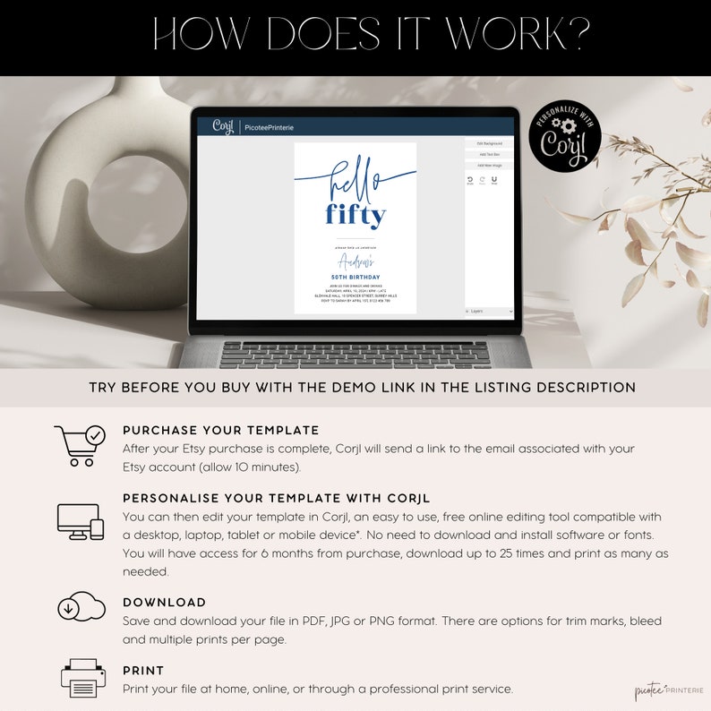 Puede incluir: Una pantalla de computadora port&aacute;til que muestra una plantilla de invitaci&oacute;n de cumplea&ntilde;os azul y blanca con el texto "hello fifty" y un mensaje personalizado. La imagen muestra c&oacute;mo usar la herramienta de edici&oacute;n en l&iacute;nea Corjl para personalizar la plantilla.