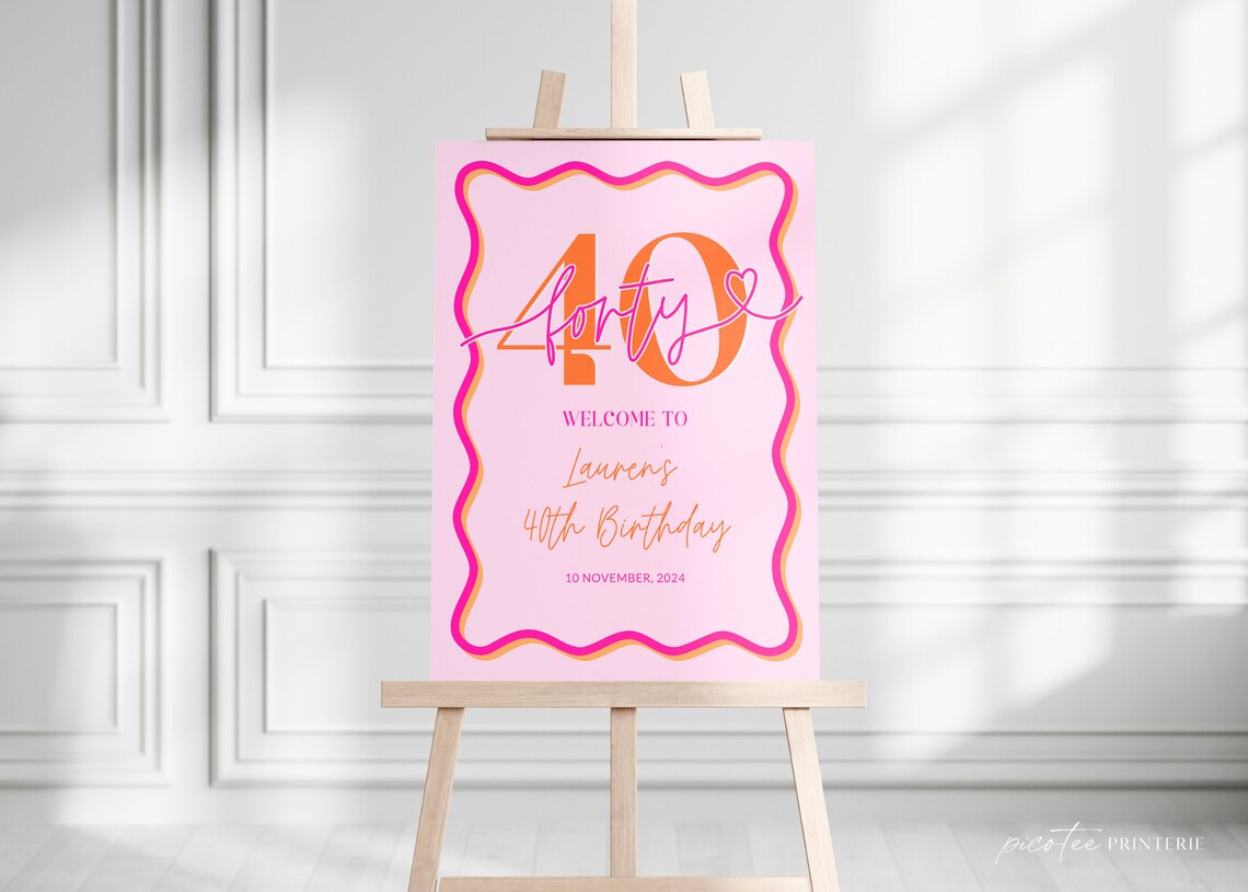 Wavy Border Welcome Sign 40th Birthday for Her, Pink Orange 40th ...