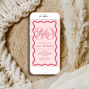 May include: A pink and red digital invitation for a 30th birthday party. The invitation features the text "thirty" with a heart and the date "Saturday, April 10th 20XX".