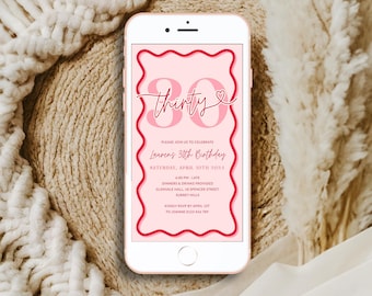 Digital Wavy Border 30th Birthday Invitation Women, Pink Red Scallop 30 Party Invite for Her Printable, Editable Thirty Download, Corjl PP84