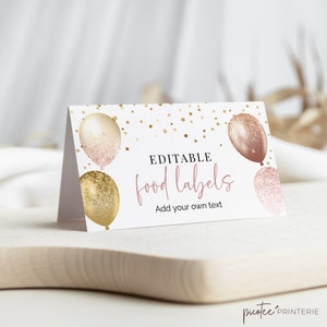 Pink & Rose Gold Balloon Food Tent Card, Kids Birthday Party Folded Food Label Place Cards, Editable Printable Instant Download, Corjl PP029