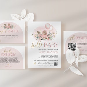 Baby Shower Invitation Template Bear Bundle, Boho Teddy Bear Theme Invite Set, We Can Bearly Wait, QR Code, Pink Girl, Download, Corjl PP53