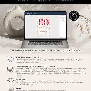 Pu&ograve; includere: Uno schermo di laptop che mostra un modello di invito per il 50&deg; compleanno di colore rosa e rosso. Il testo sullo schermo recita "Lourens 50th Birthday". L'immagine mostra anche una guida passo passo su come acquistare, personalizzare, scaricare e stampare il modello utilizzando lo strumento di editing online Corjl.