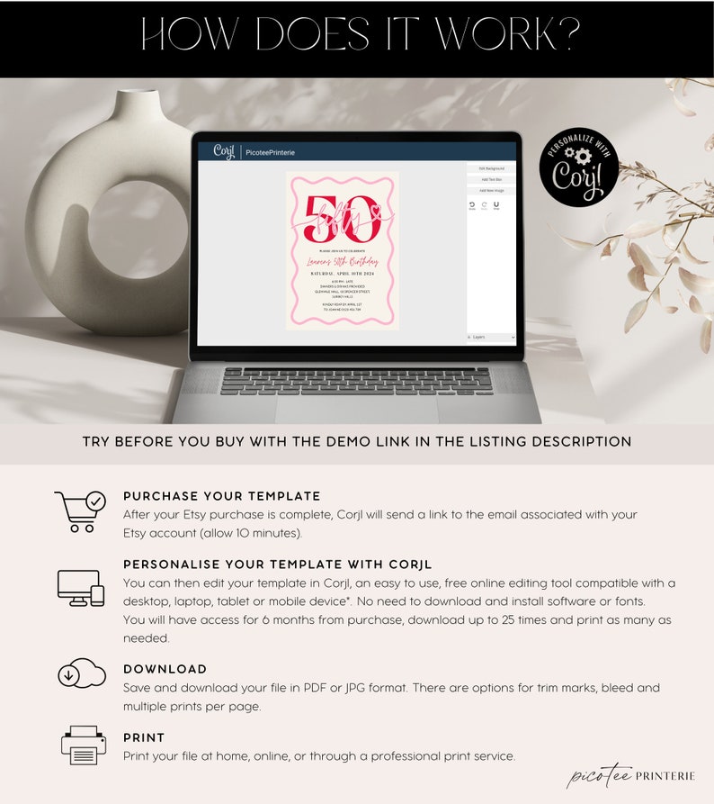 Pu&ograve; includere: Uno schermo di laptop che mostra un modello di invito per il 50&deg; compleanno di colore rosa e rosso. Il testo sullo schermo recita "Lourens 50th Birthday". L'immagine mostra anche una guida passo passo su come acquistare, personalizzare, scaricare e stampare il modello utilizzando lo strumento di editing online Corjl.