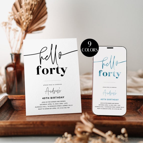 40th Birthday Party Invitation for Him, Hello Forty Invitation Template, Mens 40th Birthday Invite Printable, Editable, Digital, Corjl PP66