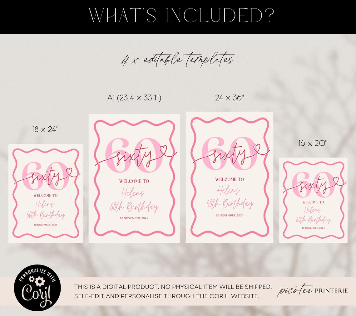 60th Birthday Wavy Border Welcome Sign for Her Template, Pink Scalloped ...
