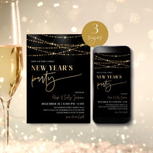 New Years Eve Invitation Template for 2026, Gold Lights NYE Party Invite, Digital and Printable Holiday Celebration Download, Editable Corjl image 2
