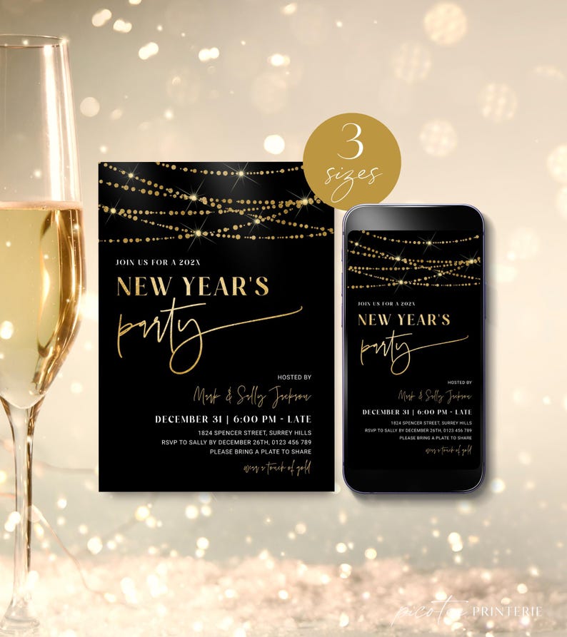 New Years Eve Invitation Template for 2026, Gold Lights NYE Party Invite, Digital and Printable Holiday Celebration Download, Editable Corjl image 2