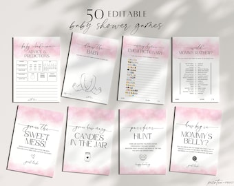Pink Baby Shower Game Bundle, Printable Baby Shower Games Bundle Template, Modern Editable Games, Bingo, Trivia, Boho Baby Girl, Corjl PP55