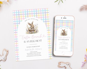 Pastel Rainbow Easter Egg Hunt Brunch Invite, Printable Easter Celebration Invitation Digital, Gingham Plaid Spring, Editable, Corjl PP82