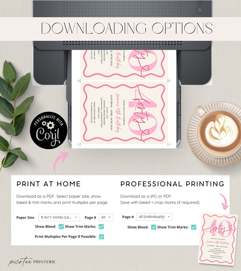 May include: A printable invitation for a 40th birthday party. The invitation features a pink and white color scheme with the number 40 in a pink circle and the text "Laurens 40th Birthday" in a pink script font. The invitation is designed to be printed at home or professionally.