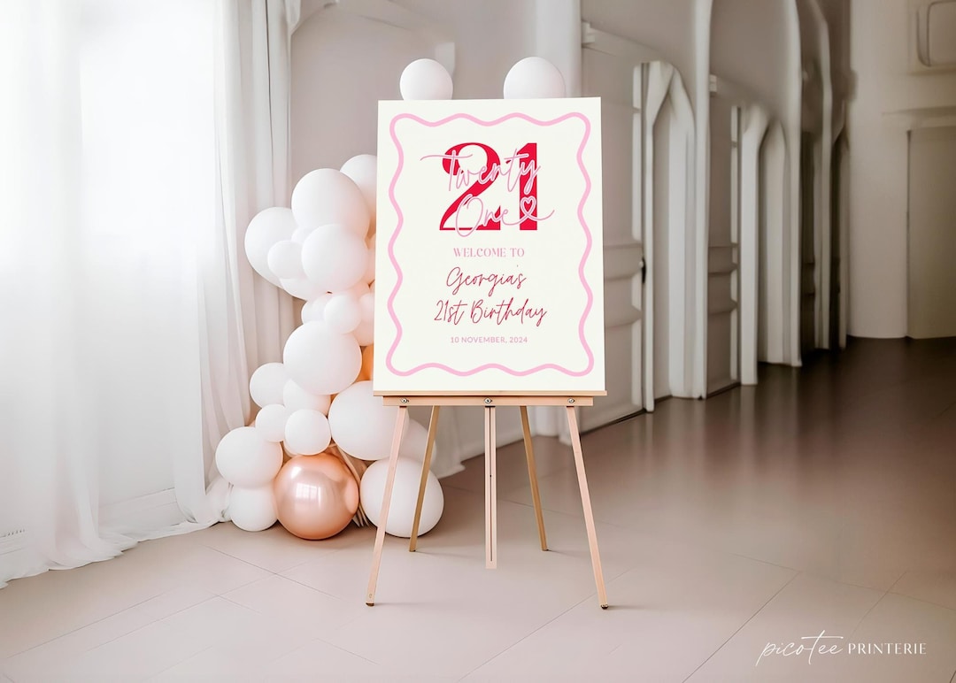 Modern Wavy Welcome Sign 21st Birthday for Her Template, Pink Red ...