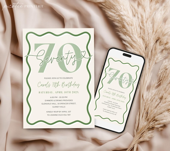 Green Wavy Border 70th Birthday Invitation Women, Editable Scalloped Seventy Party Invite for Her Printable, Modern 70 Digital, Corjl PP84