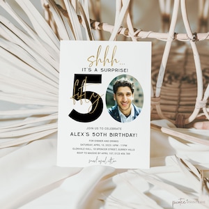 Surprise Birthday Invitation Adult, Minimalist 50th Birthday Invitation with Photo, Mens Birthday Invite, Shhh, Instant Download, Corjl PP45