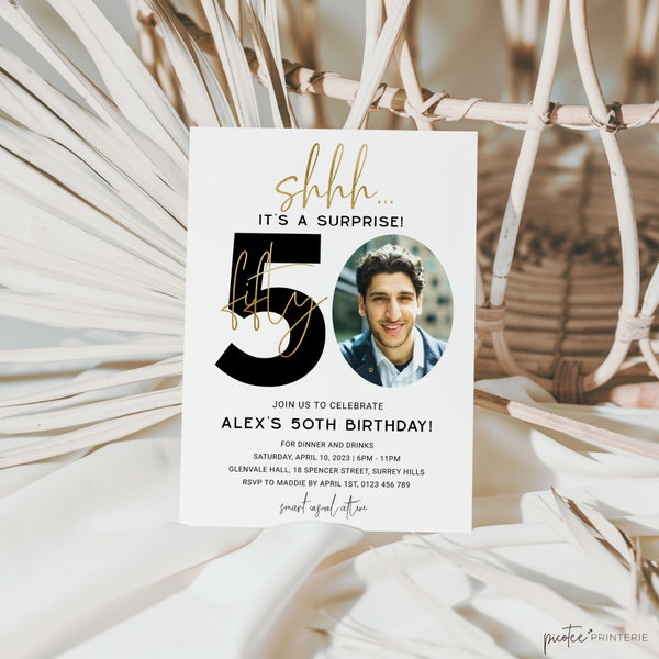 Surprise Birthday Invitation Adult, Minimalist 50th Birthday Invitation with Photo, Mens Birthday Invite, Shhh, Instant Download, Corjl PP45