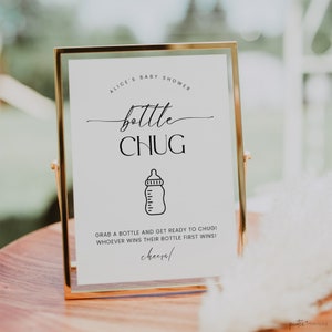 Bottle Chug Baby Shower Sign, Baby Bottle Chug Game, Modern Minimalist, Drink Up Bottle Game Printable, Editable, Gender Neutral, Corjl PP50