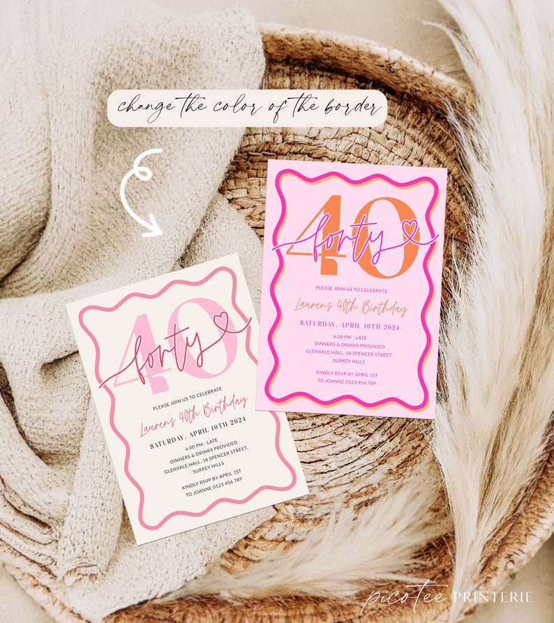 May include: Two invitation designs for a 40th birthday celebration. The invitations feature the word "forty" in a script font, with the number 40 in a bold font. The text includes the date, time, and location of the event.