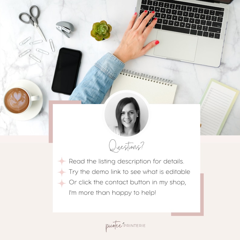 May include: Workspace scene with a laptop, coffee, and stationery. A hand is on the laptop keyboard. The image includes the text "Questions?" and instructions to read the listing description and contact the shop for help.