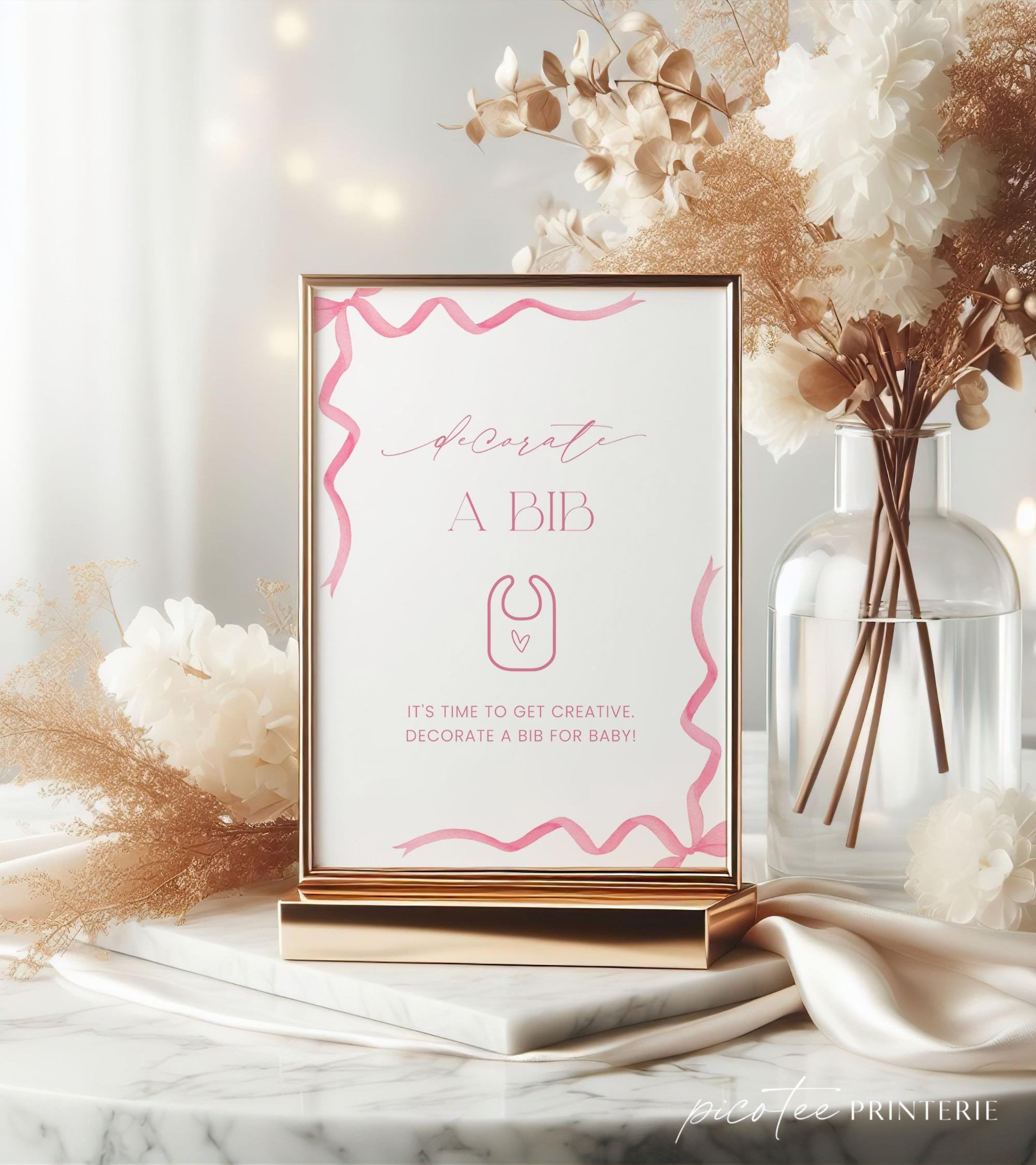 Pink Bow Decorate A Bib For Baby Sign Template, Coquette Bib Decorating Station Printable, Fun Baby Shower Craft Activity Game, Corjl PP86