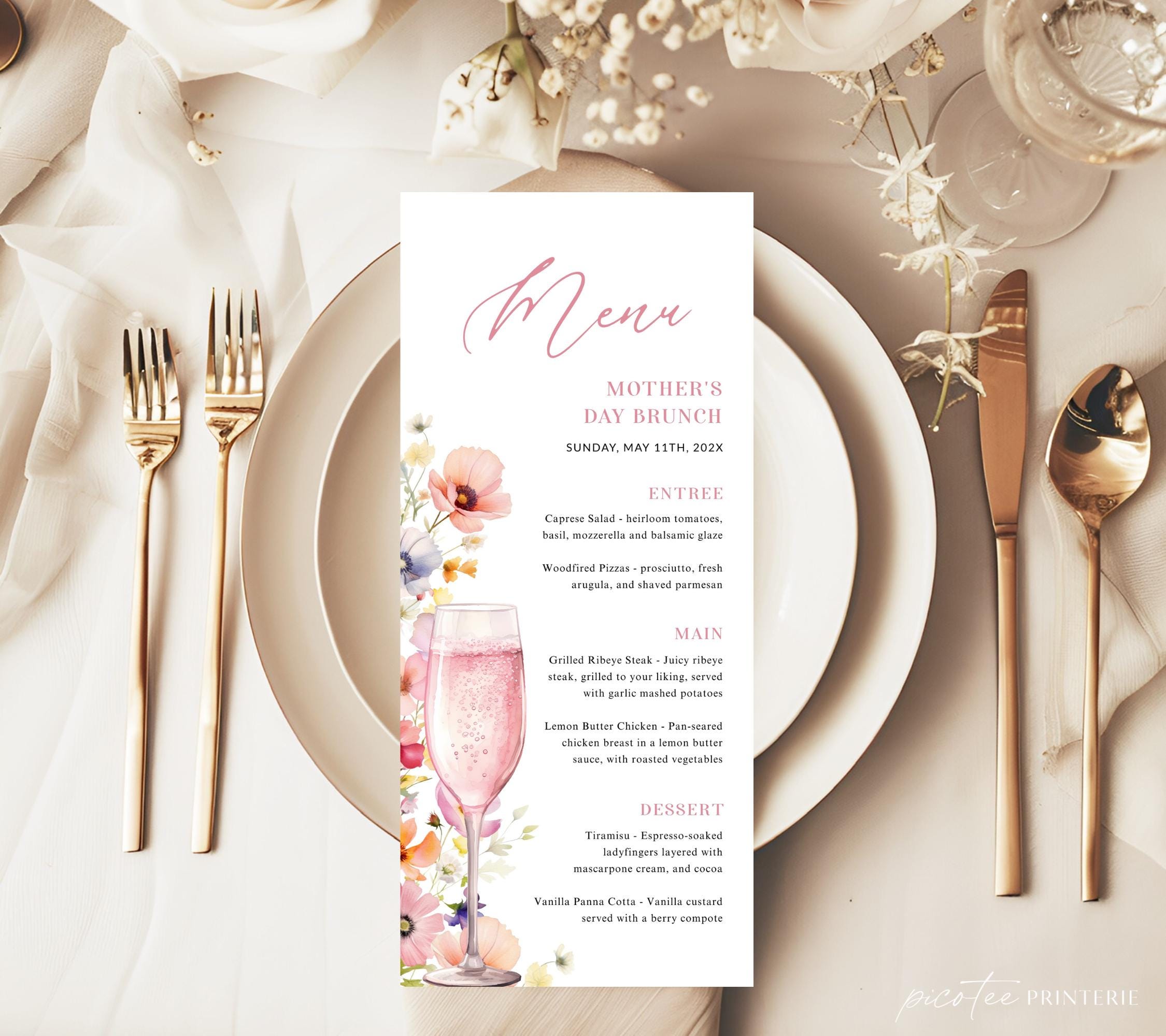 Wildflower Mother's Day Menu Card Printable Template, Floral Mimosa Bubbly and Brunch Editable, Modern Lunch Dinner Download, Corjl PP83