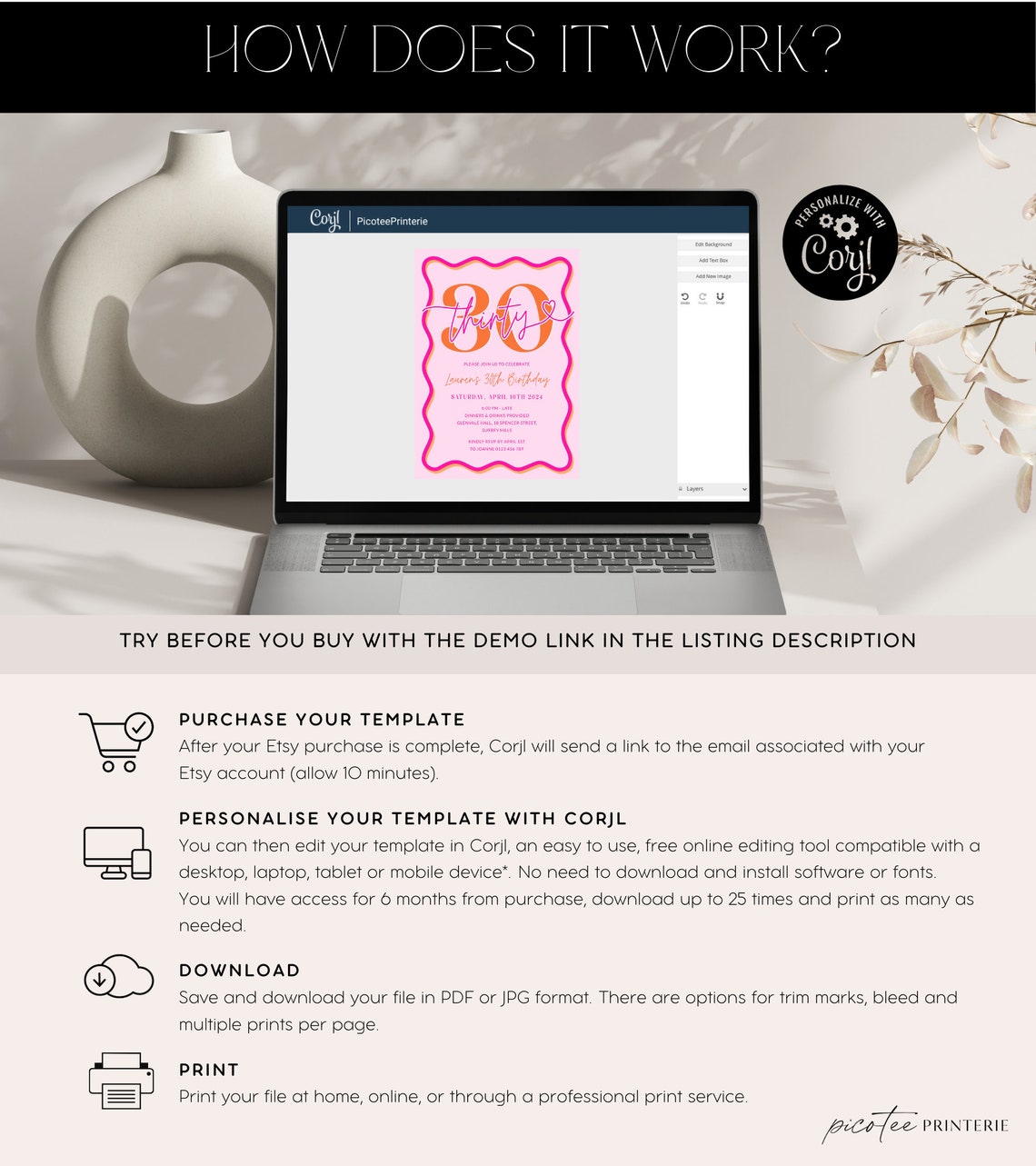 Pink Wavy Border 30th Birthday Invitation Women, Scalloped 30th Party ...
