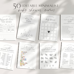 Minimalist Baby Shower Games Bundle, Modern Baby Shower Games Bundle Printable, Editable Template, Bingo, Trivia, Gender Neutral, Corjl PP50