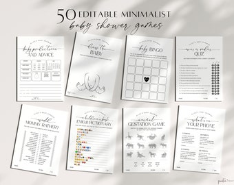 Minimalist Baby Shower Games Bundle, Modern Baby Shower Games Bundle Printable, Editable Template, Bingo, Trivia, Gender Neutral, Corjl PP50
