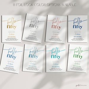 Puede incluir: Ocho opciones de color diferentes para una invitaci&oacute;n a una fiesta de cumplea&ntilde;os n&uacute;mero 50. La invitaci&oacute;n dice "Hello Fifty" con una fuente de letra manuscrita e incluye el texto "Join us for dinner and drinks" y "50th Birthday".