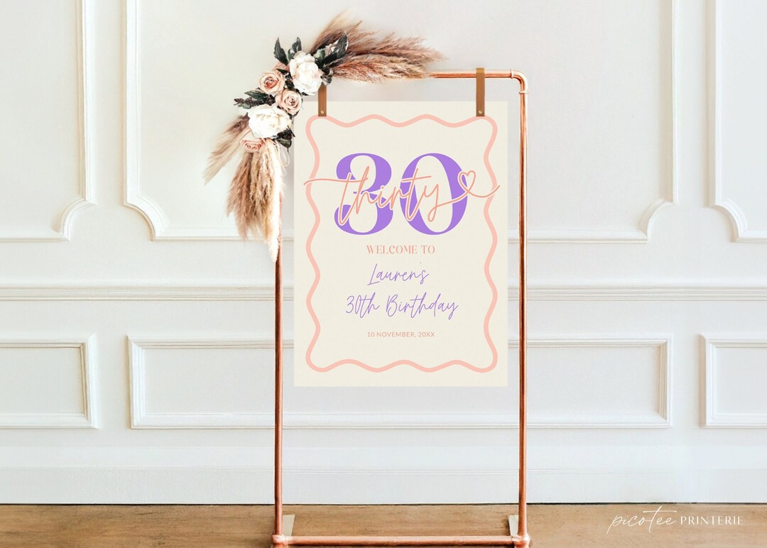 30th Birthday Wavy Border Welcome Sign Women, Orange Purple Wavy 30 ...