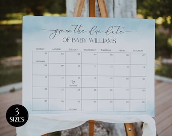 Könnte beinhalten: Ein blauer und weißer Aquarellhintergrund mit einem Kalender zum Erraten des Geburtstermins eines Babys. Der Kalender ist mit "Erraten Sie das Geburtsdatum von Baby Williams" beschriftet und hat ein Herz, das das Geburtsdatum auf den 24. September markiert.